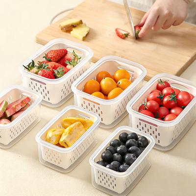4-In-1 Fruit Vegetable Storage Container with Removable Filter Leak-Proof Airtight PP Storage Box for Washing Draining Stackable Kitchen Organizer