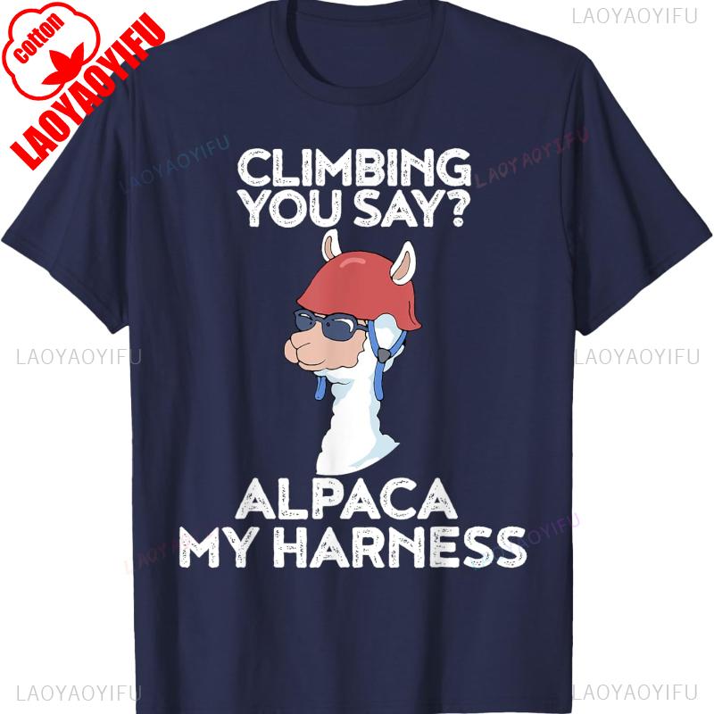 Funny Climbing Shirt Cute Alpaca Rock Climber Tee Unisex Cartoons Graphic Tshirts Loose Casual Style Regular Short Sleeve Adult