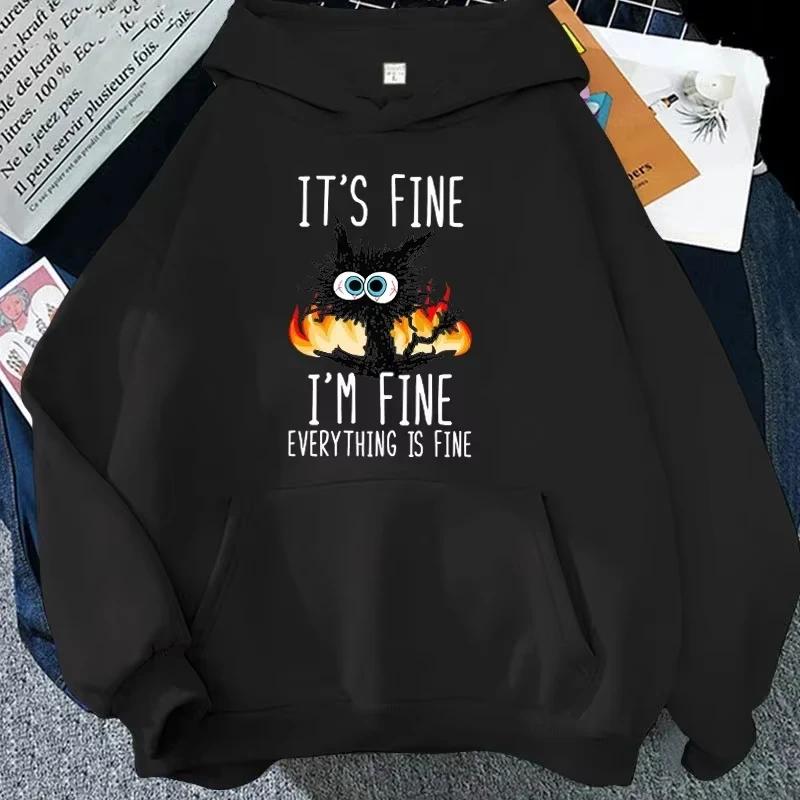 2025 Hot Cat Its Fine Im Fine Everything Is Fine Printed Women And Men Hoodies Hooded Fashion Casual HipHop Sweatshirts Harajuku