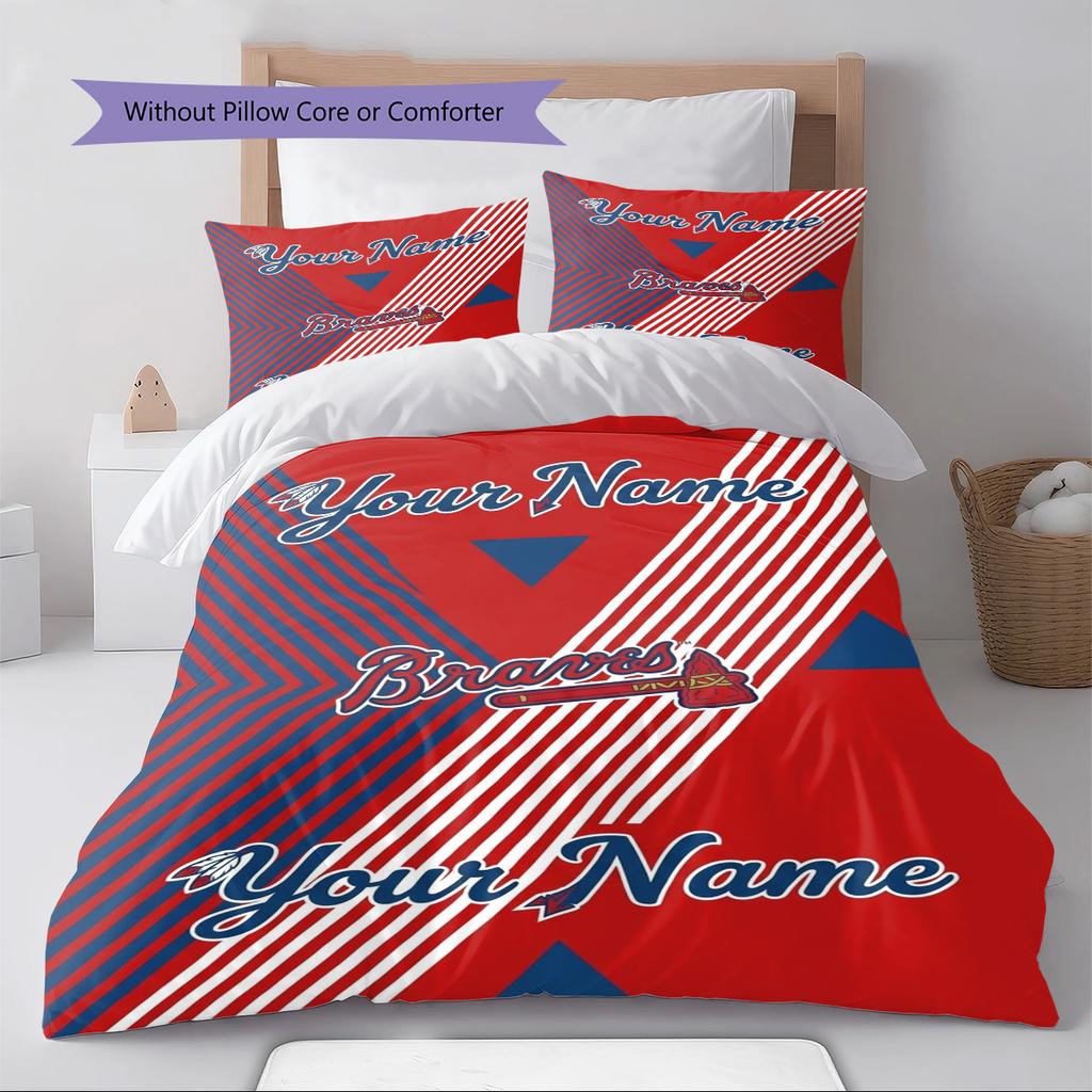 Name Custom Atlanta Braves Pattern Bedding Set Quilt Cover Pillowcase Home Decor Gift (1 * Duvet Cover + 2 * Pillowcase, Without Core)