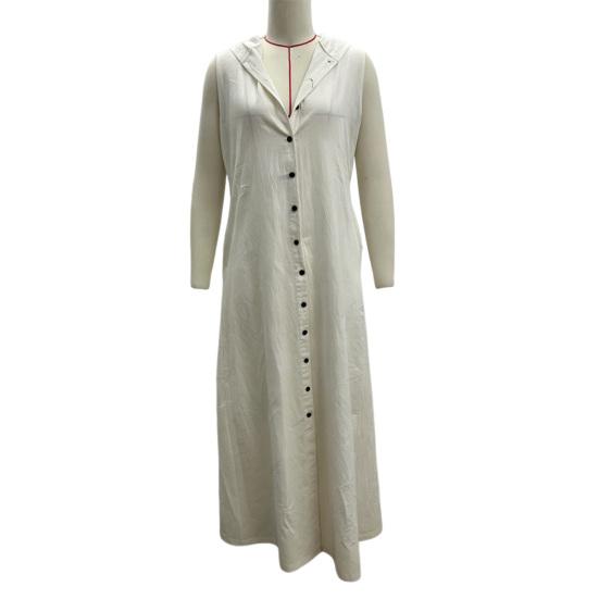 Women's Summer Cotton Linen Shirt Dress Sleeveless Button Down Hooded Maxi Dress Casual Tunic Beach Sundress