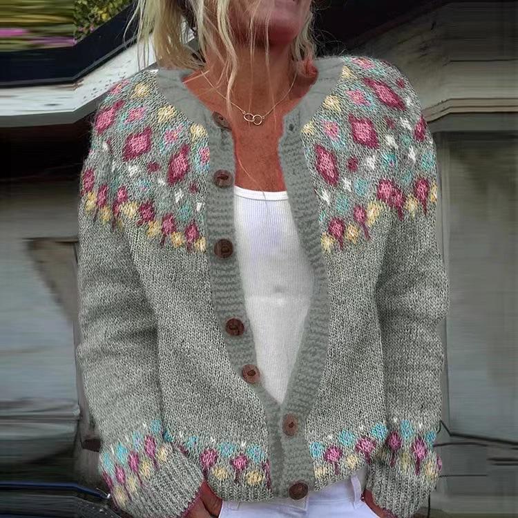 Women's Pink V-Neck Knit Cardigan with Jacquard Floral Pattern