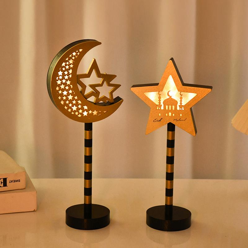 Eid Mubarak Mond Stern Lampe Holz Ornament 2025 Ramadan Kareem Heim Tisch Dekoration LED Licht Laterne Islamische Muslimische Party Geschenk