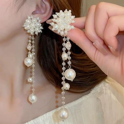 Imitation Pearl Flowers Fringe Long Dangle Earrings For Women Elegant Temperament Dainty Luxury Jewelry