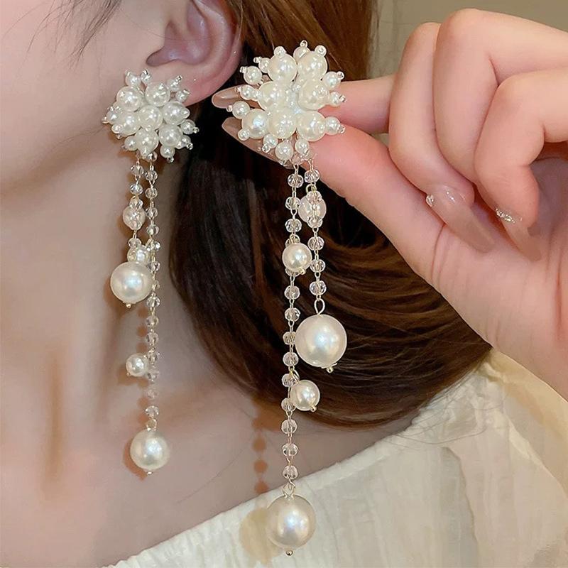 1pair Tassel Earrings Imitation Pearl Flowers Fringe Long Dangle Earrings For Women Elegant Temperament Dainty Luxury Jewelry