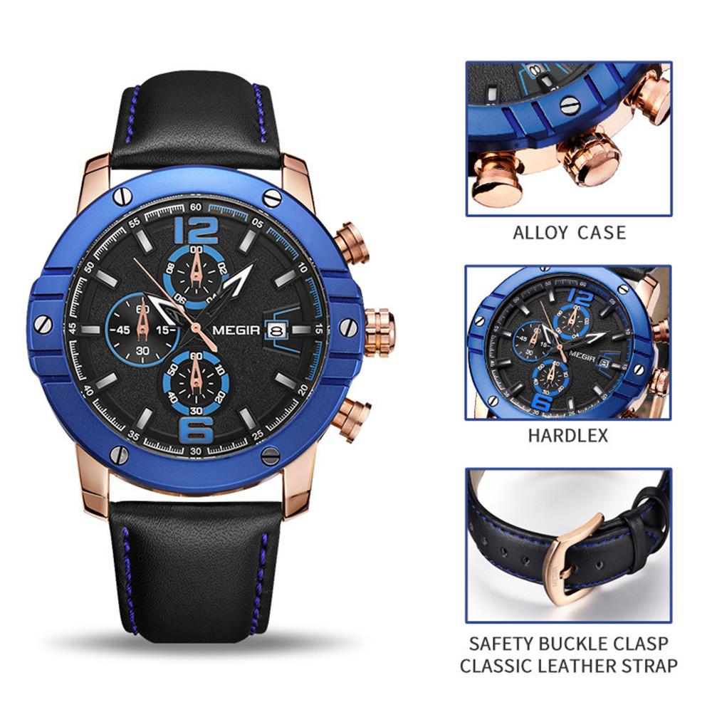 Megir Fashion Men's Quartz Watch Chronograph Luxury Business Casual Wristwatch Leather Strap Male Military Sports Watches 2046
