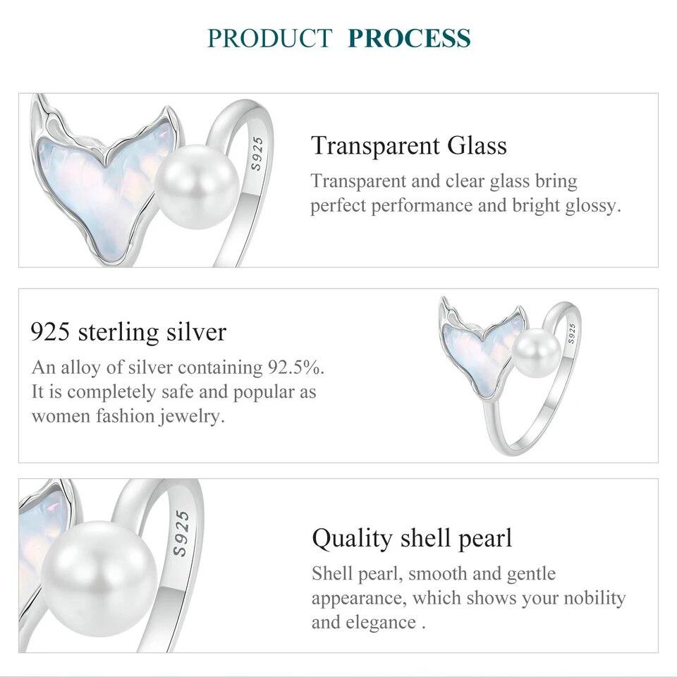 BAMOER White Gold Plated Fishtail Pearl Ring, 925 Sterling Silver Cute Adjustable Rings for Women Girls
