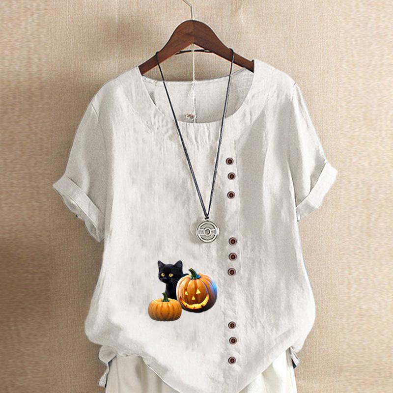Women's Fashion Round Neck Short Sleeve T-shirt Casual Cotton Linen Graphic Shirt Leisure Pumpkin Prined Summer Blouse Tops