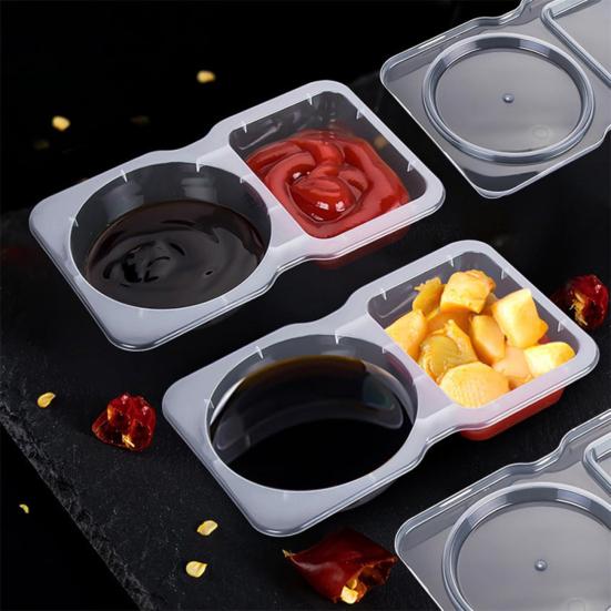 Double Compartment Condiment Container with Lids And Spoon Leakproof Sauce Box Reusable Transparent Seasoning Containers for Kitchen Cafe Restaurant