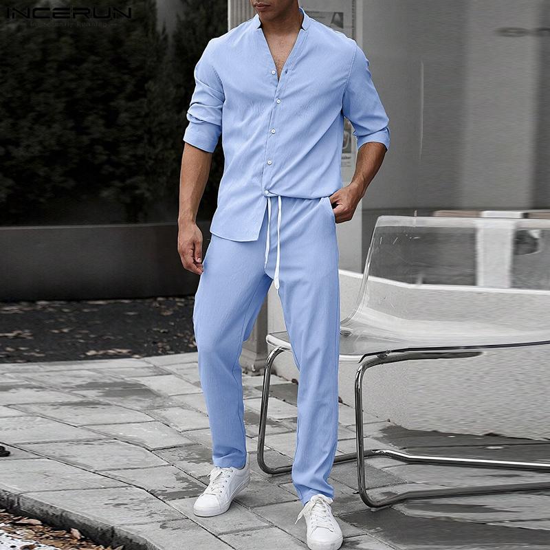 

INCERUN комплект из двух предметов, мужские рубашки на пуговицах, длинные брюки, повседневные костюмы