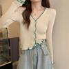 Spring Korean Design V Neck Ruffle Blouse Women Slim Long Sleeve Knit Cardigan