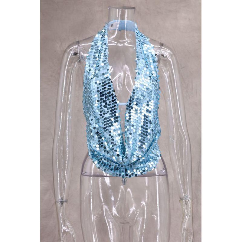 

Elsa Spring and Summer New European and American Hot Sale Deep V Party Sequins Hanging Neck Sling Sexy Backless Holiday Style Vest Women Sky Blue L