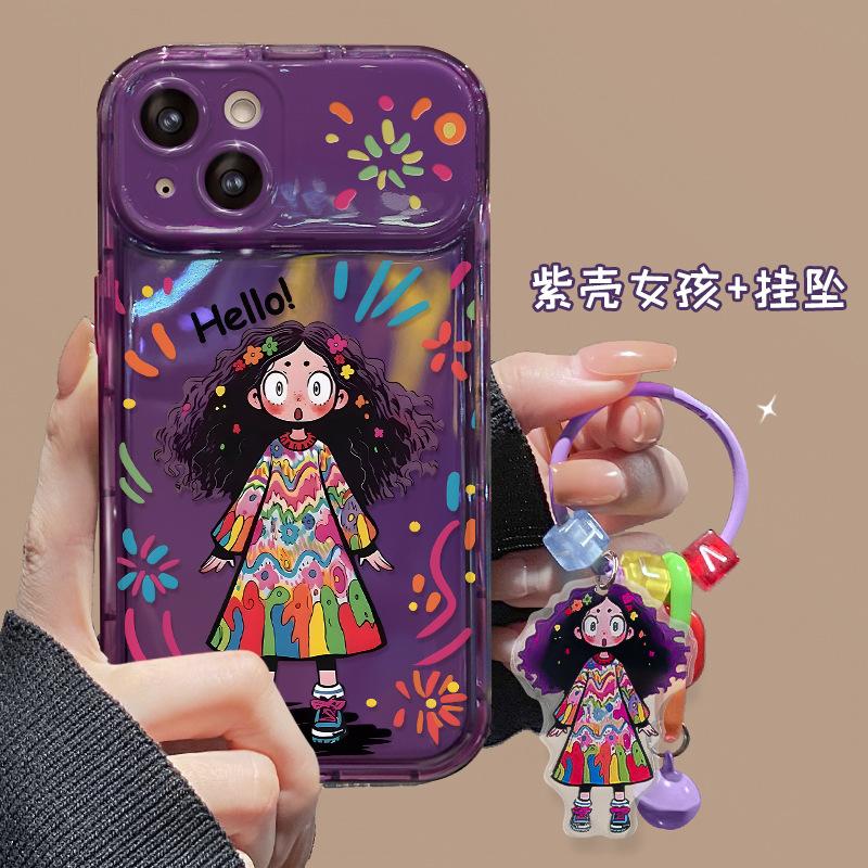Applicable To Apple 15 Mobile Phone Case iPhone14/13Pro Fried Hair Girl Pendant 12 Flip Mirror 11 Silicone XS