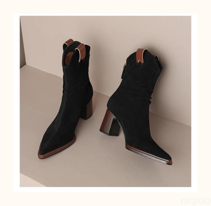 Fashion New Spring Retro Minimalist Suede Low Heel Ankle Boots Chunky Fashionable Versatile Women Comfortable Pointed Short Boots