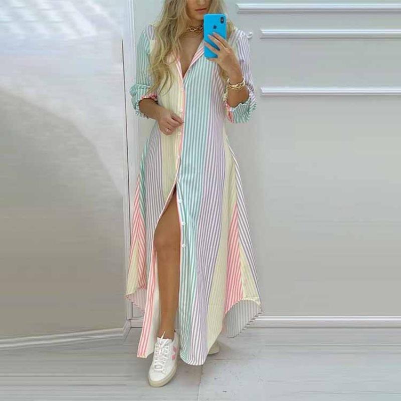 Women Fashion Print Long Sleeve Loose Slit Maxi Dresses Casual Button Down Dress