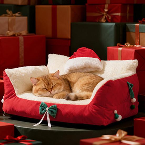 Christmas Cat Bed Fluffy Pet Sofa Bed with Removable Washable Cover Cozy Plush Cat Sofa for Winter Holiday Indoor Cats Rest Play