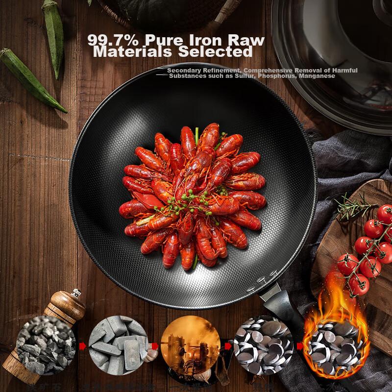 Wok Iron Pan with Lid, 30cm Non-Coated Pure Iron Frying Pan, Nitrided, Compatible with Gas And Induction Stoves MCC4558