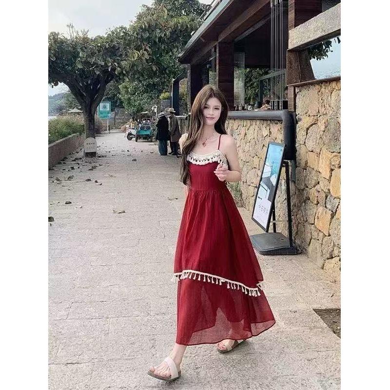 Holiday Wind Fringe Splicing Suspender Dress Women's Summer 2026 New Waist Irregular Gentle First Love Long Dress