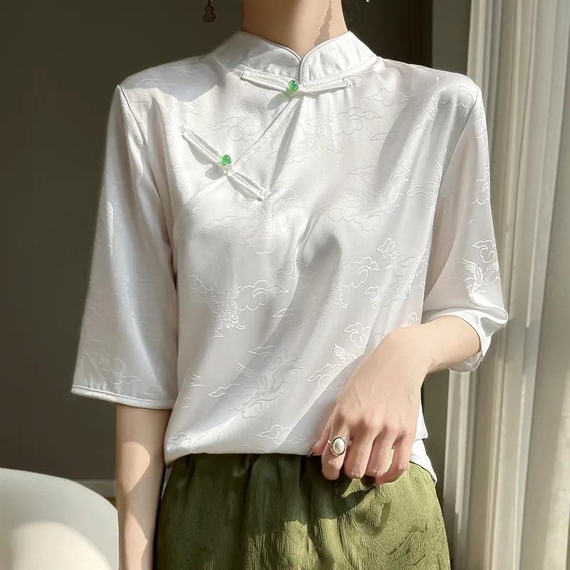 New Chinese-style Chinese-style Buttoned Five-point Shirt Popular Summer Stand-up Collar Satin Jacquard Acetate Temperament Top