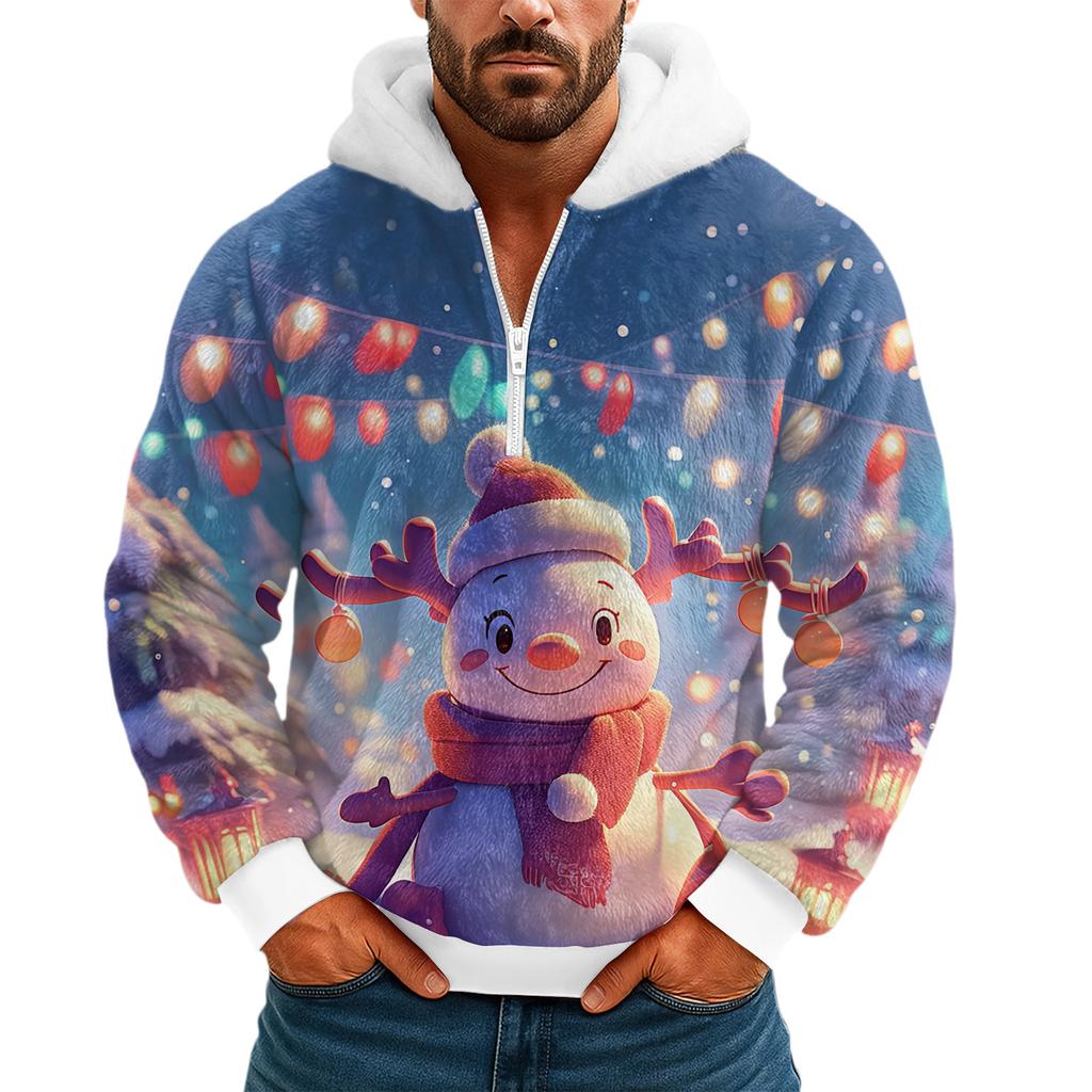 Pánská plyšová mikina s kapucí a polovičním zipem