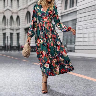Elegant V-neck Chiffon Dress Women High Waist A-Line Print Long Sleeve Knee Length Autumn Winter