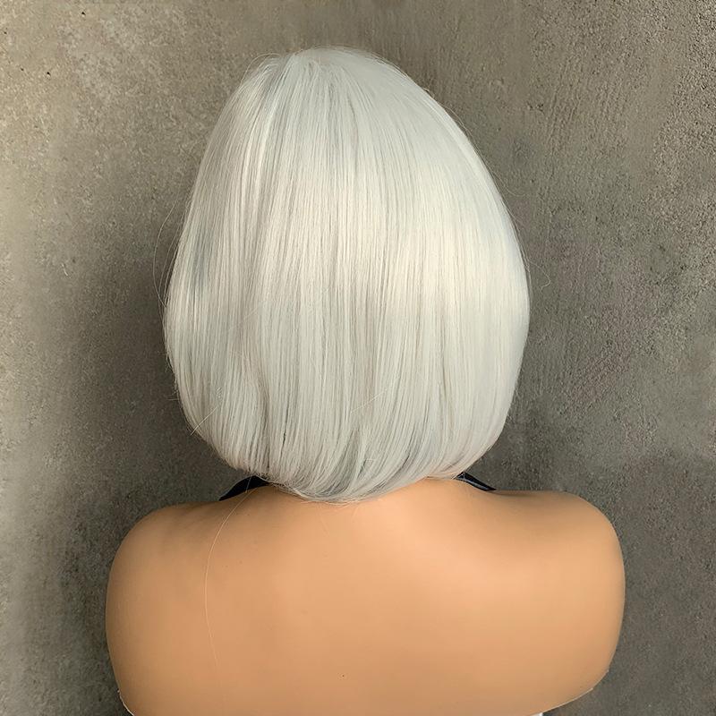 Short Straight White Bob Wigs Women Golden Brown Synthetic Natural Hair with Bangs Heat Resistant Fibre Cosplay Daily Use