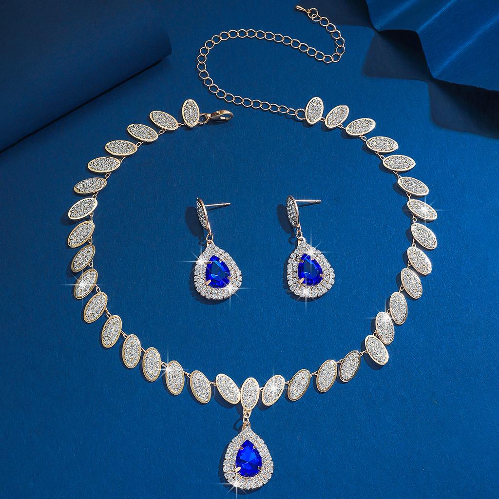 3PC Women's Fashion Copper Inlaid Claw Chain Starlight Water Drop Necklace Earring Set Suitable for Wedding, Party, Festival Gif