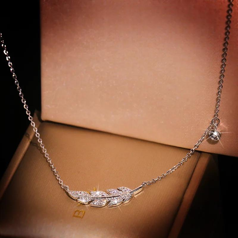 Exquisite Bohemian Feather Leaf Pendant Female Necklace AAAA Zircon Collar Necklace Bride Wedding Jewelry Clavicle Chain