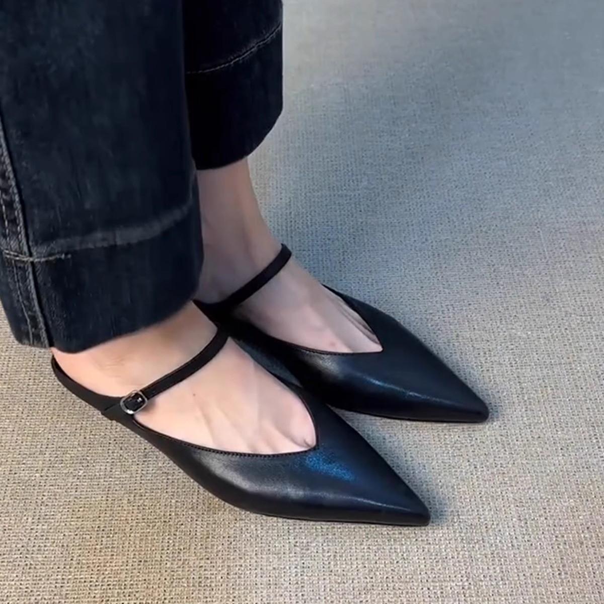 Style Pointed Toe Thick Heel Mule Shoes French Retro Single Buckle Strap Fashion Open Toe Low Heel Shoes 35