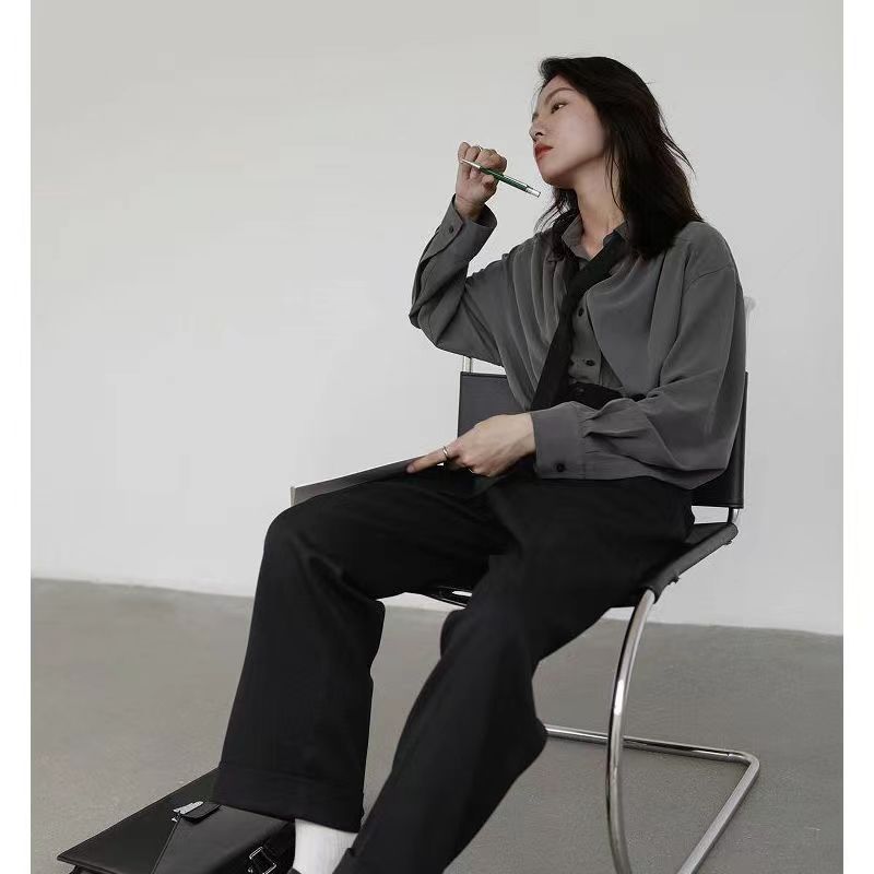 Elegant Long Sleeve Shirt Women Korean Solid Tie Chic Button Blouse Loose Harajuku All Match Office Ladies Simple Tops Summer