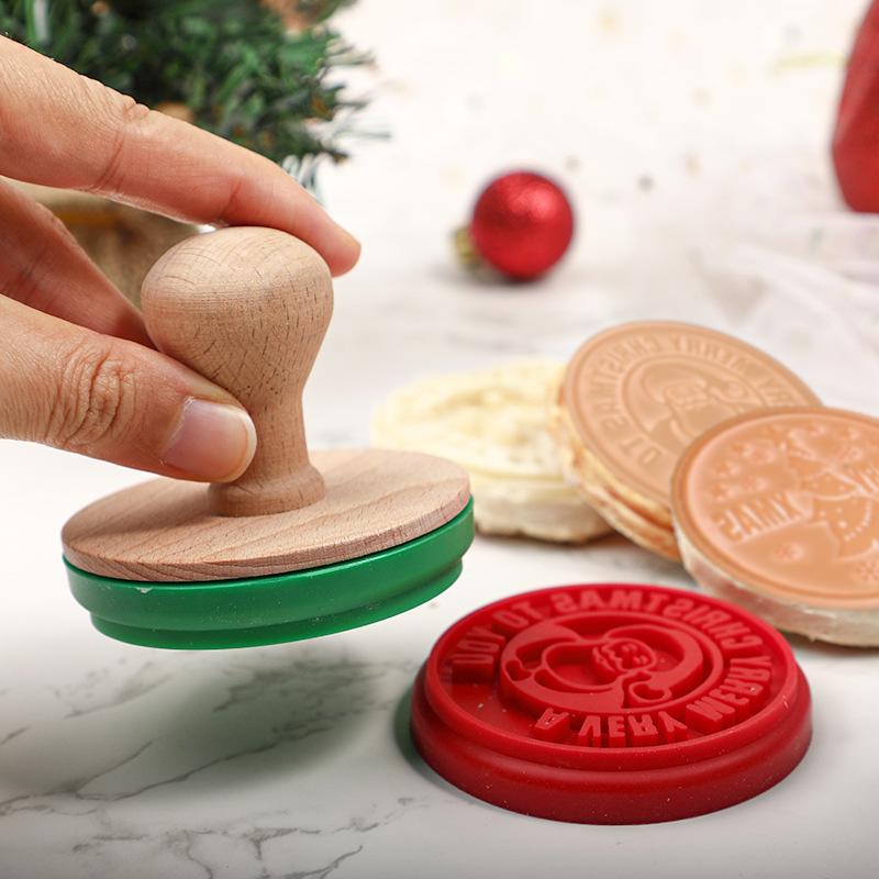 Christmas Cookie Stamp Mold Set with Wooden Handle - Santa Claus & Tree Designs, Silicone, Easy Release