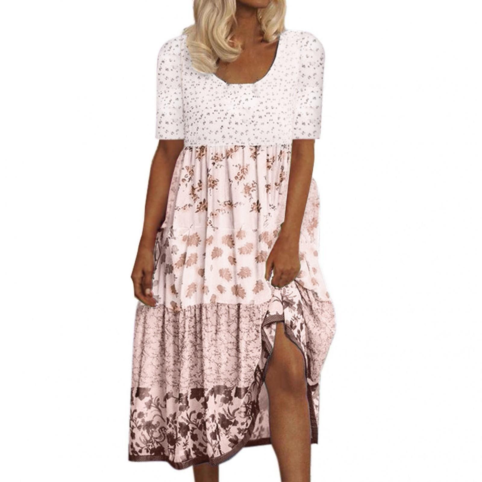 

Women s Fashion Casual Bohemian Floral Print Maxi Dress Short Sleeve Round Neck Beach Flowing Party Beach Dress L рожевий