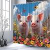 Prase Sprchový závěs Roztomilé hospodářské zvíře Akvarelový Květinový Zelené listy Plot Statek Polní květina Koupelnová dekorace Závěsy s