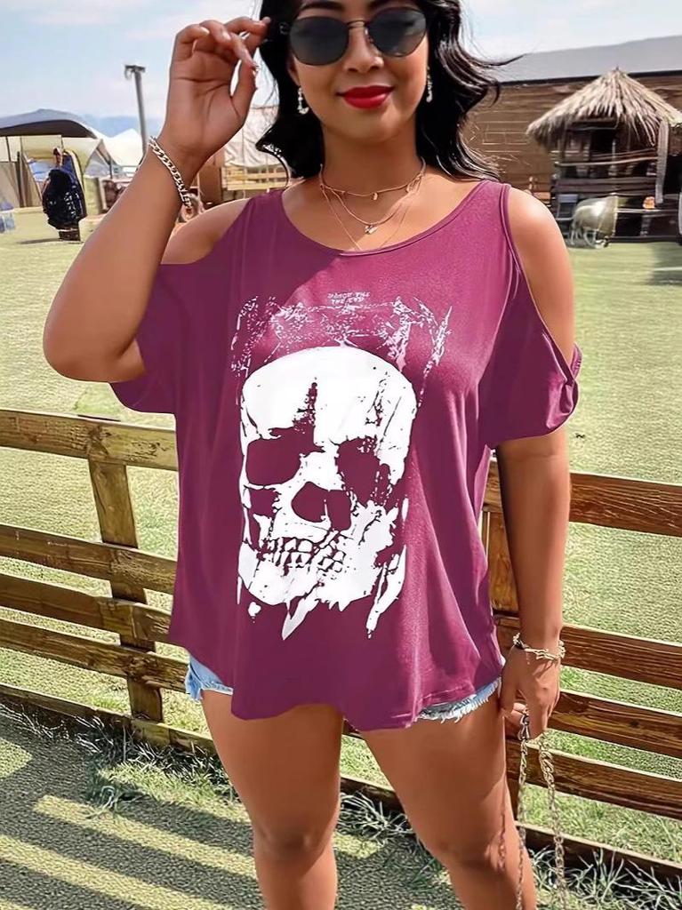 New Plus Size Gothic Skull 3D Print Casual Off-the-Shoulder Top
