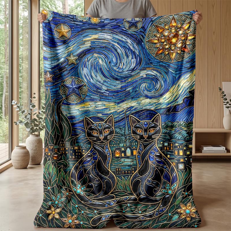 Starry Night Cat Theme blanket Lightweight Warm Flannel Blanket Decorative Throw Blanket for Home Decoration
