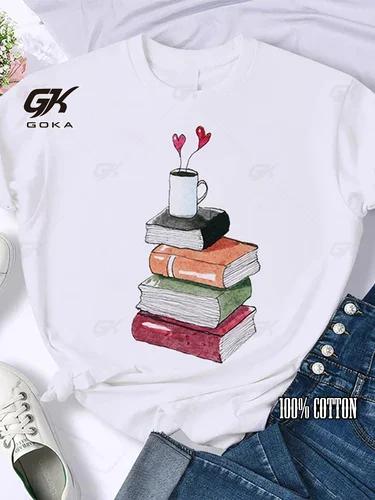 Coffee Books Brown Books American Retro Cotton T Shirt Woman Round Neck Half Sleeve T-shirts Printed Tops Woman Oversized Tees