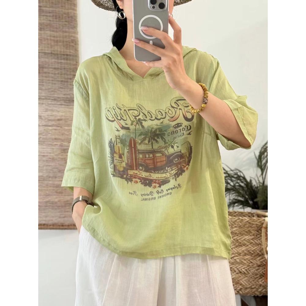 

DIMANAF 2025 Women Linen T-shirt Hat Summer Shirt Blouse Short Sleeve Fashion Tops Tees Loose Tees New One Size