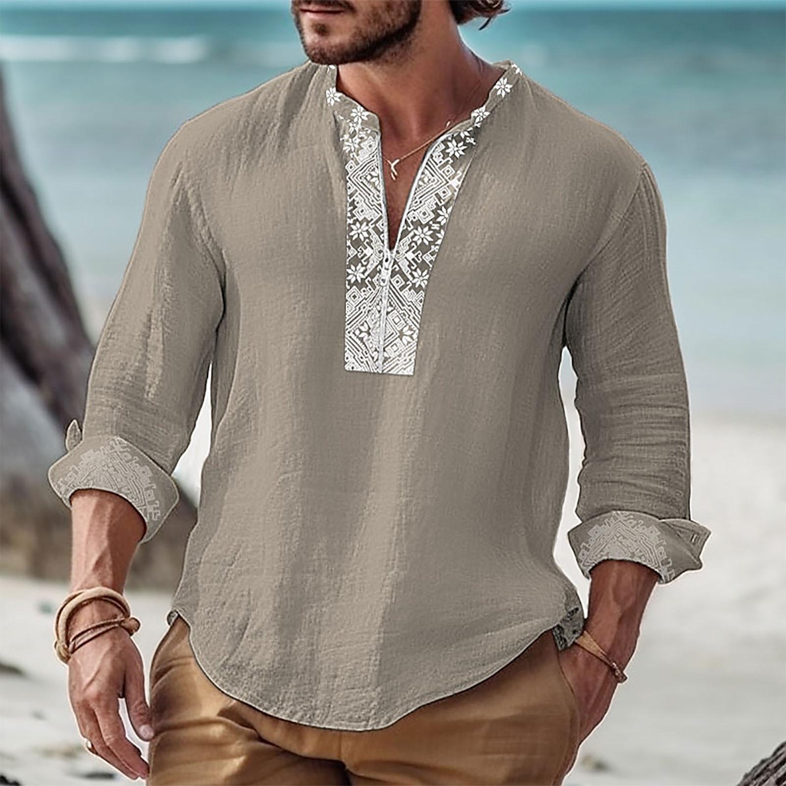 

Мужские повседневные рубашки из хлопка и льна с рисунком, цветные рубашки с длинными рукавами, рубашки с вырезом на молнии, повседневная одежда XXXL хаки