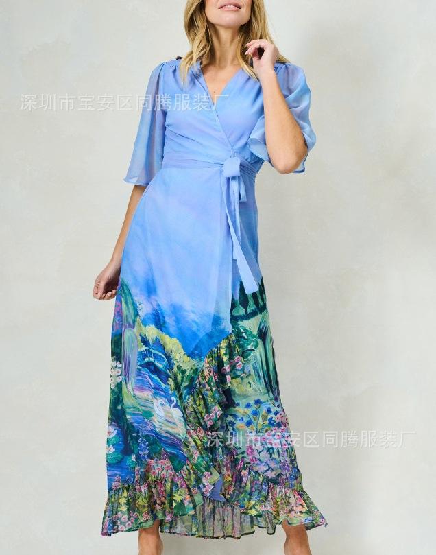 Europe And The United States Popular V-Neck Sexy Belt Waist Watercolor Chiffon Medium And Long Dress