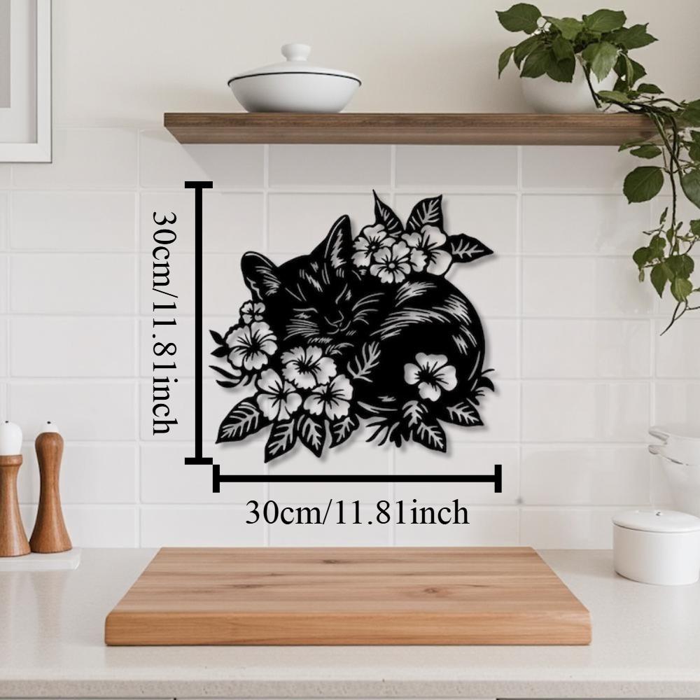 

Black Metal Sleeping Cat with Floral Vine Wall Art, Steel Silhouette Decor for Living Room Bedroom Office Modern Farmhouse 12in чорний