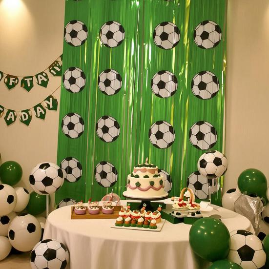 Futbol Partisi Folyo Püsküllü Perde Dekorasyonu 3,28 x 6,56 Ft Yeşil Beyaz Sim Saçaklı Arka Plan Banner Fotoğraf Kabini Aksesuarları Spor Temalı Parti İçin