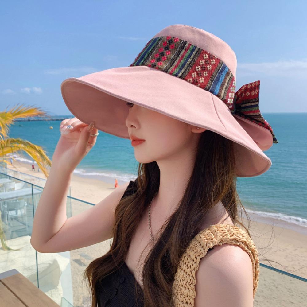 Ethnic Style Women's Sun Hat Solid Color Wide Brim Bucket Cap Simple Bowknot Fishmen Hat  Girl