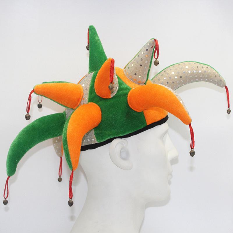 Funny Jester Clown Hat with Bells, Multi-Pointed Carnival Headwear, Colorful Plush Party Accessory for Halloween and Cosplay