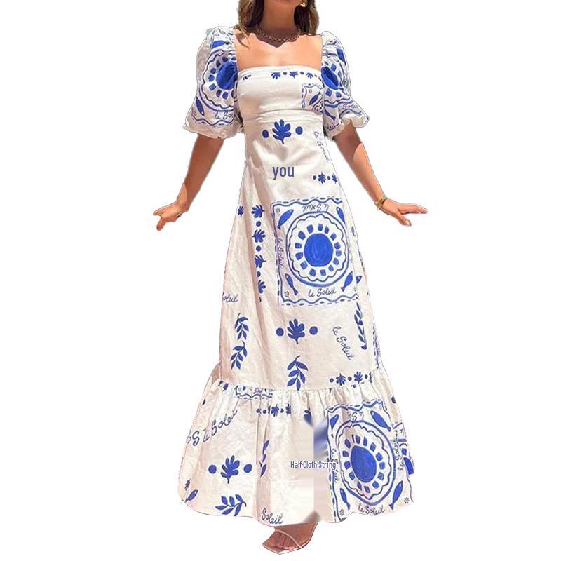 2026 Spring New Arrival: Elegant Lantern Sleeve A-line Dress with Print