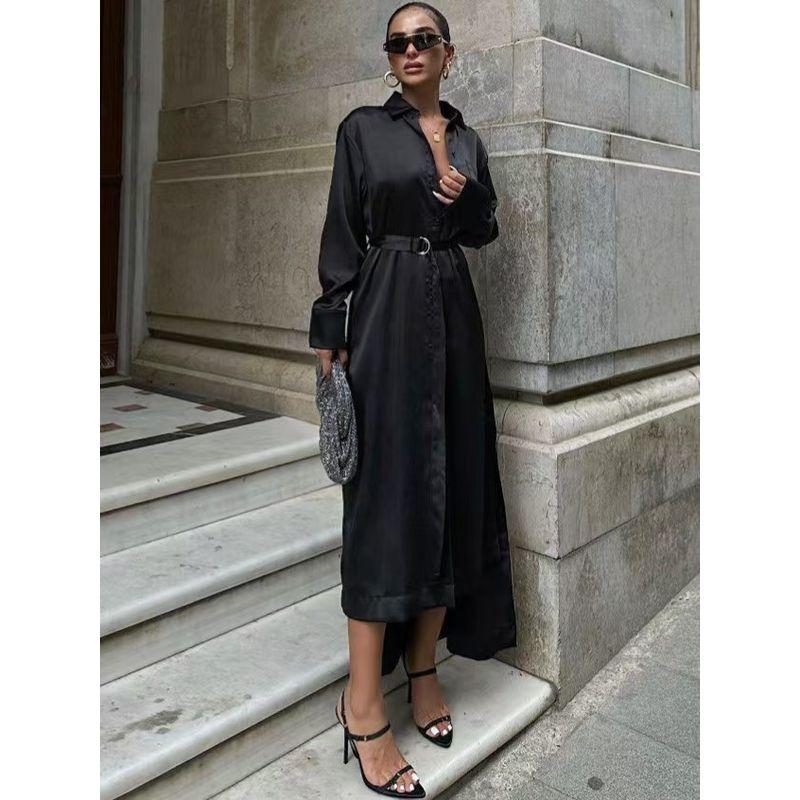 

Fashion New Arrival Fashion Waist Trimming Slimming Satin Sexy Slit Dress Satin Sexy Slip Dress Black L