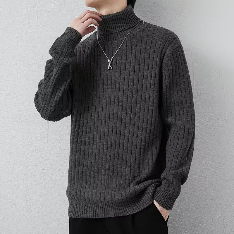 Men's Striped High Neck Knit Sweater - Thick, Loose, Solid Color Winter Base Layer