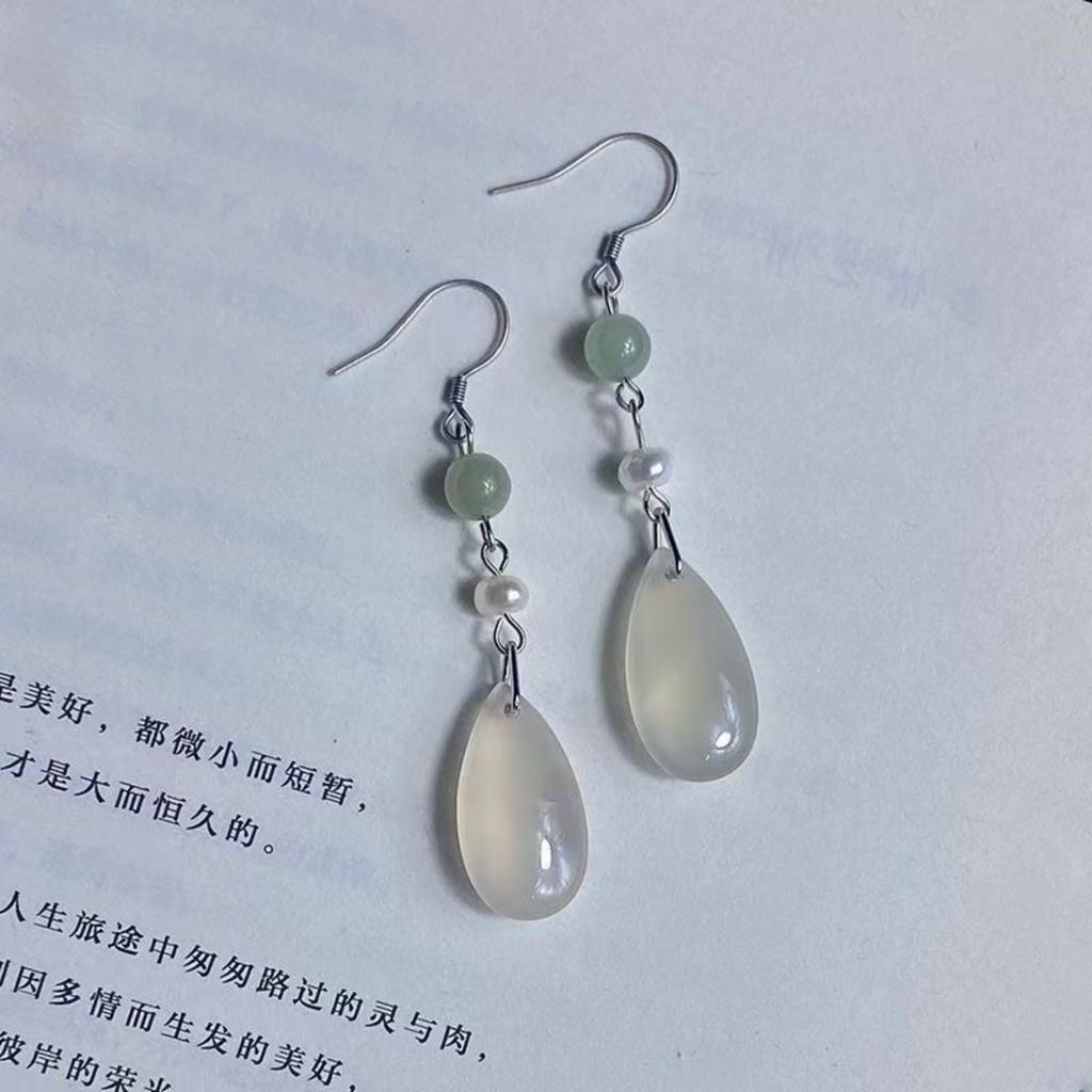 Cercei etnici chinezești din jad pentru femei Vintage Model Nor Norocos Pandantiv Picătură de Apă Bijuterii Elegante Accesoriu Hanfu Clip