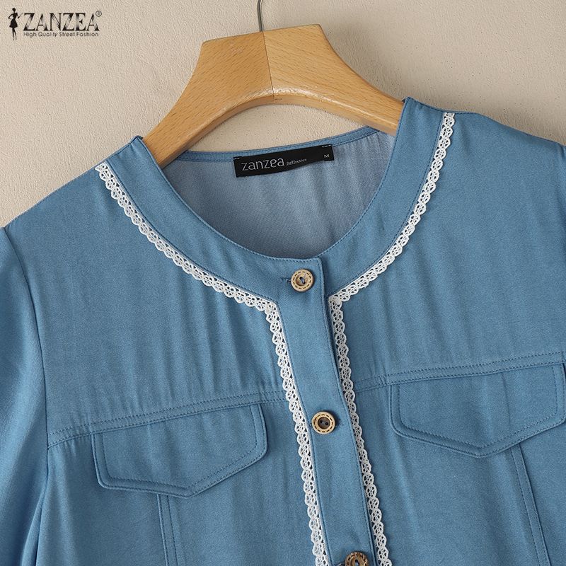 ZANZEA Women Summer V-Neck Splice Lace Casual Short Sleeve Blouse