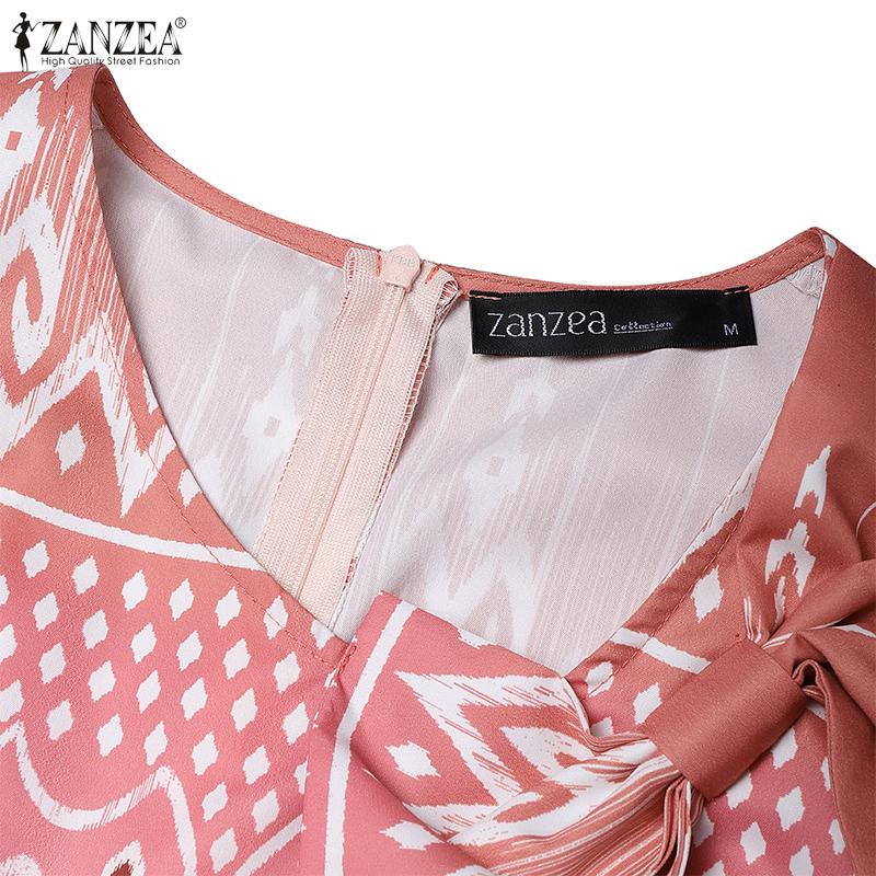 ZANZEA Kobiety Casualowy Letni Sukienka z Krótkim Rękawem i Nadrukiem z Dekoltem w Serek