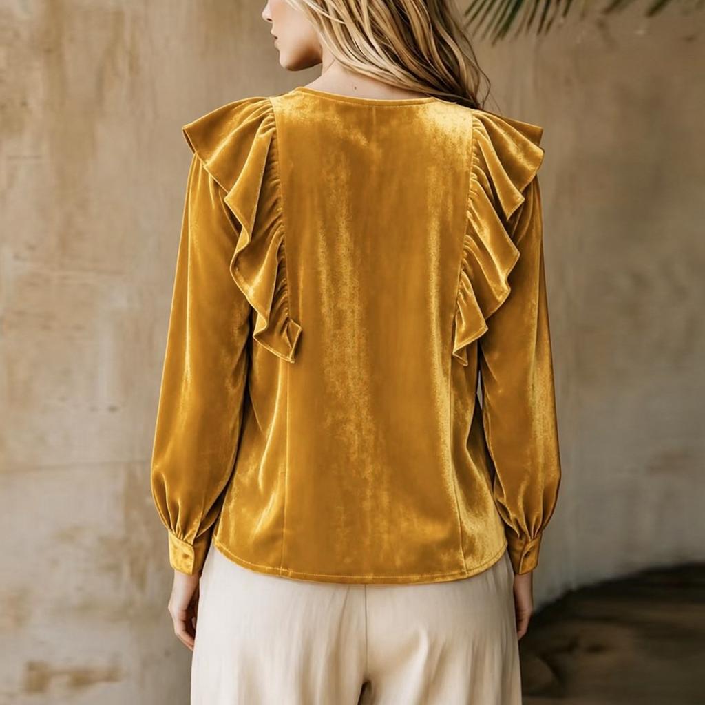 Women's Velvet V-Neck Blouse with Ruffle for Elegant